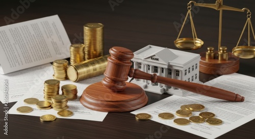 A polished wooden gavel beside a miniature bank building, stacks of coins, financial contracts, and a balance scale, representing banking laws
