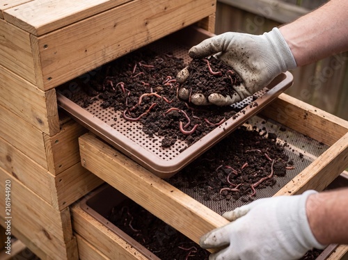 Gardener harvesting nutrient-rich worm castings from a multi-tiered vermicomposting bin for garden fertilizer.