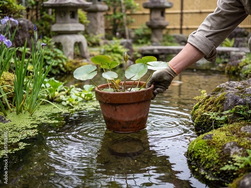 Gardener plants a water lily pot into a tranquil Japanese pond with irises and stone lanterns in the background