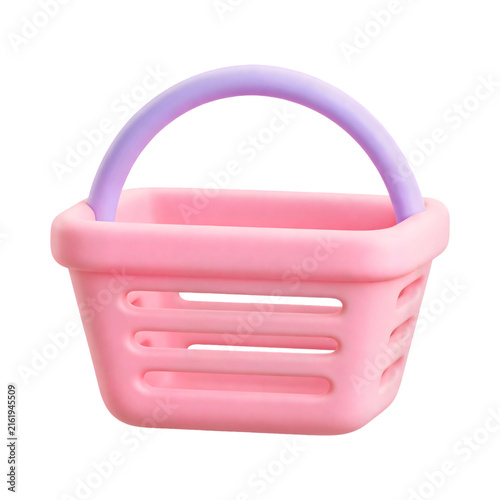 Cute 3D Pastel Pink Shopping Basket with Purple Handle on Transparent Background Isolated on White