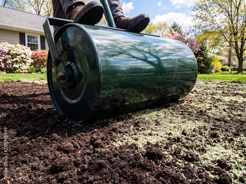 Gardener rolling new grass seed into prepared soil with a lawn roller for a healthy, lush lawn.