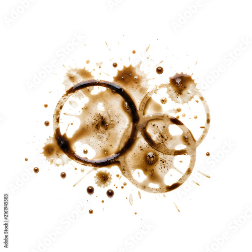 Coffee stains and splatters on paper with brown ring marks