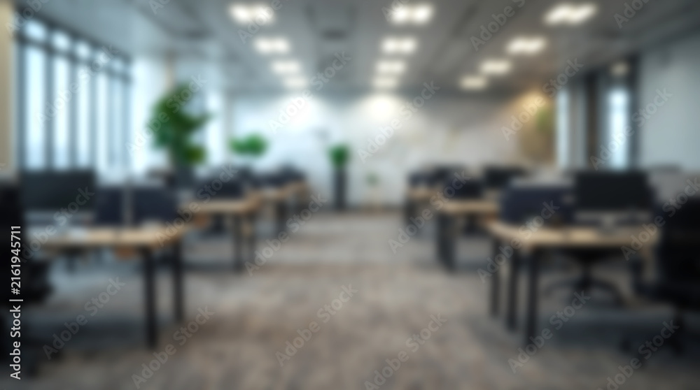 Fototapeta premium Empty modern open plan office interior with rows of computer des