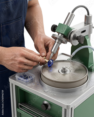 Gem Cutter Polishing Blue Precious Stone on Lapidary Machine