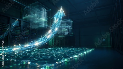 Digital Data Infrastructure and Financial Growth Visualization in a Futuristic Server Room Environment