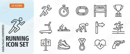 Running icon set, runner silhouette, stopwatch, treadmill, track, finish line, trophy, starting blocks, hurdles, sneakers, medal, heart rate, and start pistol vector icons