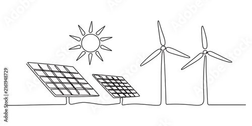Continuous one line drawing of solar panels wind turbines and sun for renewable green energy concept