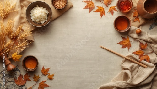 Autumn Harvest Feast: A rustic arrangement of autumn harvest ingredients, featuring warm spices, grains, and decorative leaves, set against a neutral background.