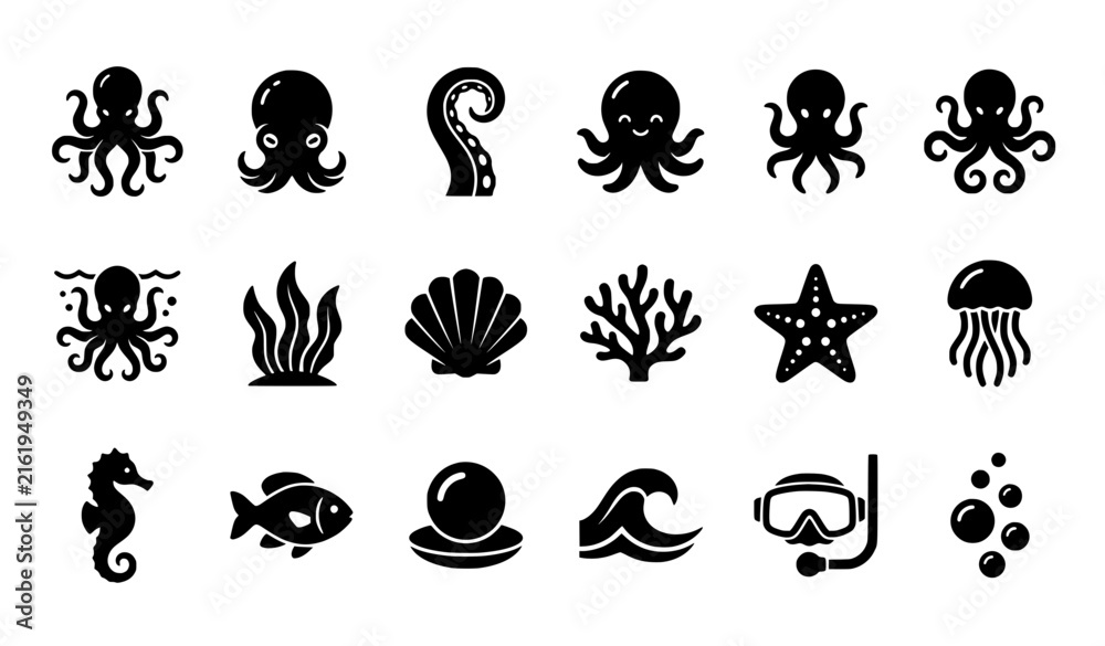 Obraz premium octopus, octopus icon, octopus silhouette, ocean creature, marine life, sea animal, tentacle, cute octopus, underwater, ocean, sea, seaweed, seashell, coral, starfish, jellyfish, seahorse, fish, pearl