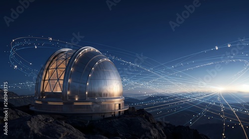 A large astronomical observatory dome sits upon a rocky mountain peak while glowing orbital light trails span across the night sky to represent advanced scientific research and space exploration