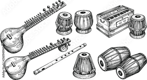 Bild auf Leinwand Traditional Indian musical instruments hand drawn collection with sitar tabla ha