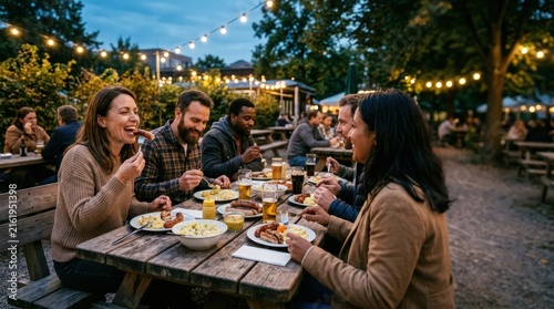 Group of Diverse Friends Eating and Drinking at Outdoor Beer Garden