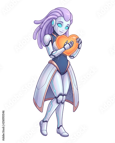 Cute Female Robot Holding Orange Heart Symbol Isolated on White