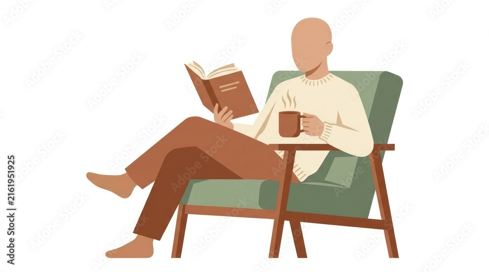 Fototapeta premium Minimalist illustration of a man reading a book in an armchair with coffee