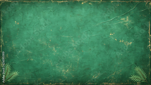 Vintage dark green paper background with golden cracks and fern leaf accents for elegant invitation or greeting card