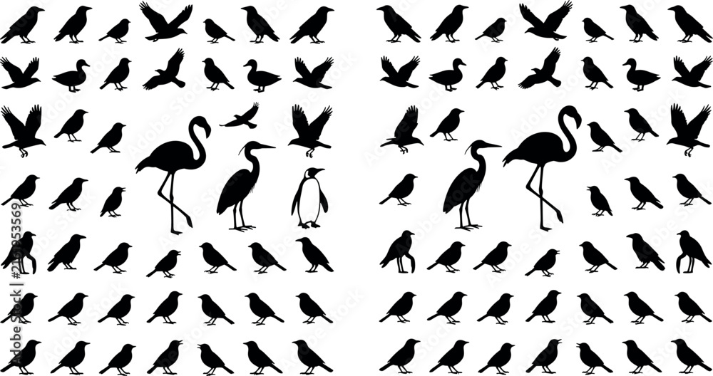 Naklejka premium Set of black silhouette various birds, flamingo, heron, penguin and small birds collection isolated on white background illustration