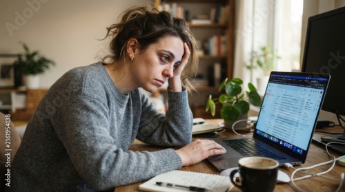 Frustrated Woman Working on Laptop at Home Office in Morning Light