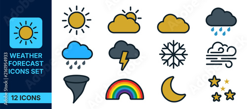 Bild auf Leinwand Weather forecast icons set, collection of 12 colorful meteorological symbols for