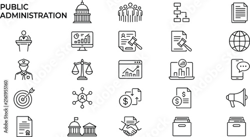 Public administration and government policy line icon set covering law legal justice finance management and community politics