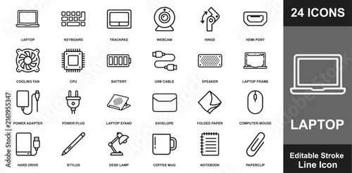 Laptop and computer accessories icons for technology and digital device concepts.