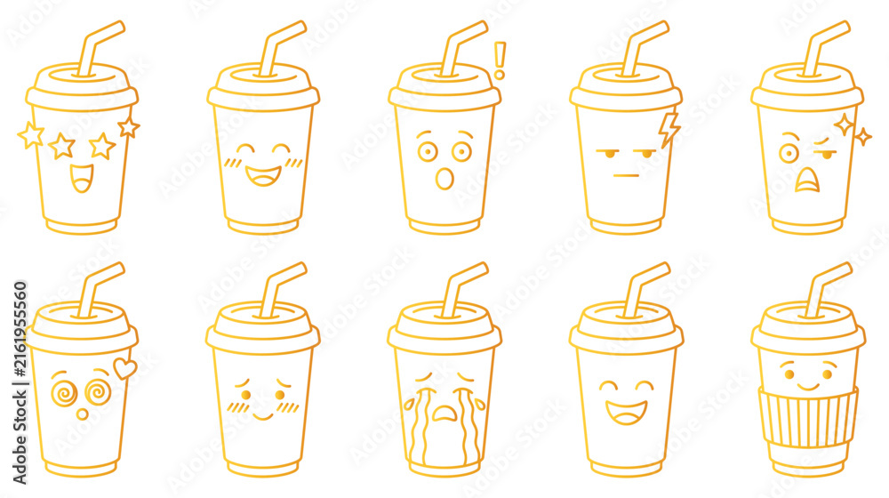 Obraz premium Ten cute cartoon beverage cups with expressive faces and straws for drink concepts.