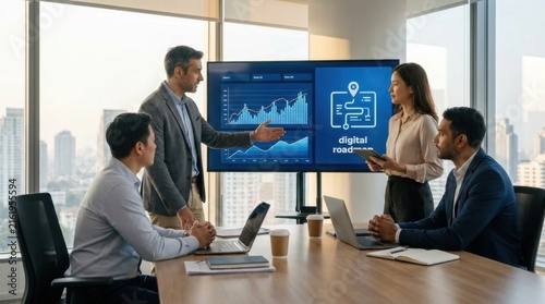 Business Meeting Discussing Data Analytics and Digital Strategy in Modern Office