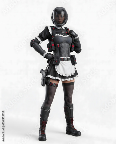 Futuristic Tactical Maid Woman in Armored Outfit and Helmet