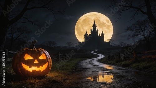 Glowing Halloween jack-o-lantern beside a winding wet road leading toward mysterious gothic castle under enormous full moon
