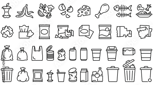 Garbage and recycling waste icons set for environmental sustainability.