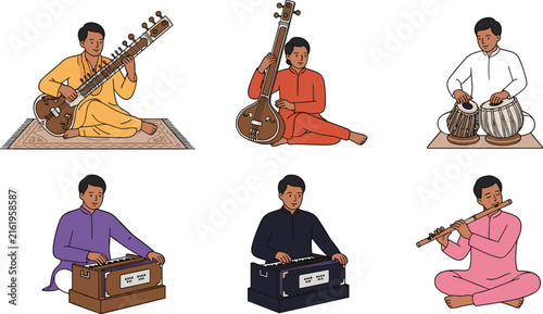 Foto Traditional Indian classical musicians character set playing sitar tanpura tabla