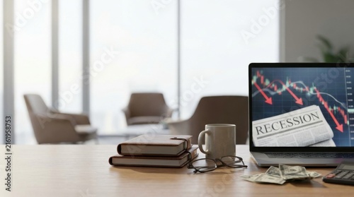 Modern office workspace with financial charts and recession news on laptop screen