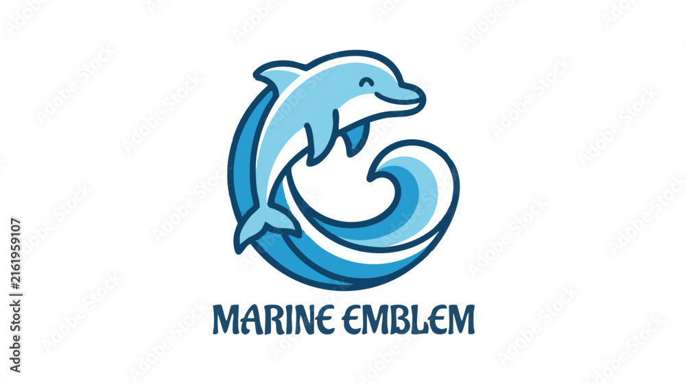Naklejka premium Happy Blue Dolphin Jumping Ocean Wave Logo Design Concept