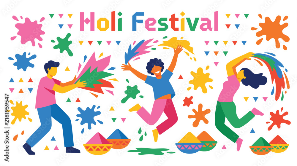 Fototapeta premium Happy holi festival people characters celebrating with bright powder and colorful splash.