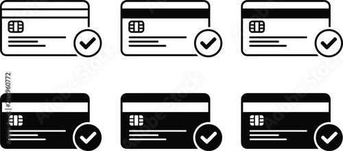 Credit card payment verification icon set featuring bank plastic cards with electronic chip and approved checkmark badge symbols