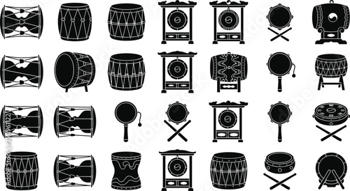 Traditional Asian Drums and Percussion Instrument Silhouette Icon Set with Korean Buk, Janggu, Gongs, and Taiko Elements for Cultural Music Performance Designs