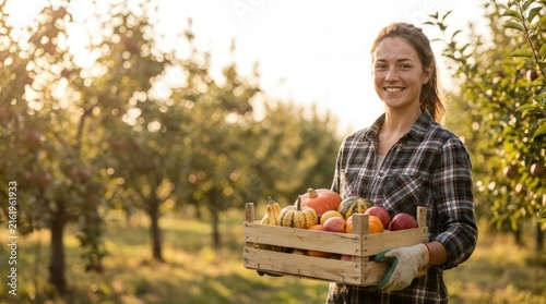 Smiling woman farmer holding crate of pumpkins and apples in orchard