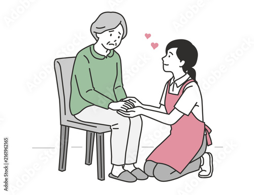 不安そうな認知症のシニア女性に優しく寄り添う介護士のイラスト　傾聴・認知症ケア・安心