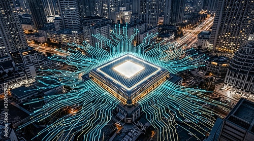 Futuristic Central Processor Unit Connecting Global Urban Infrastructure with Digital Data Streams