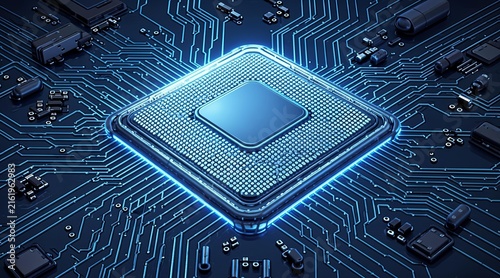 Illuminated Central Processing Unit on a High-Tech Circuit Board, Representing Advanced Digital Computing and Data Processing