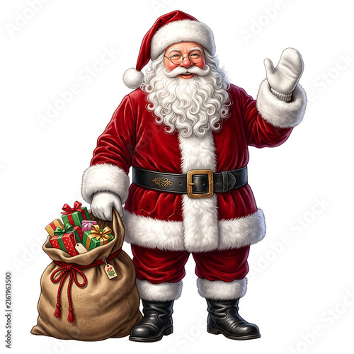 Happy Santa Claus Waving Hand with Gift Sack