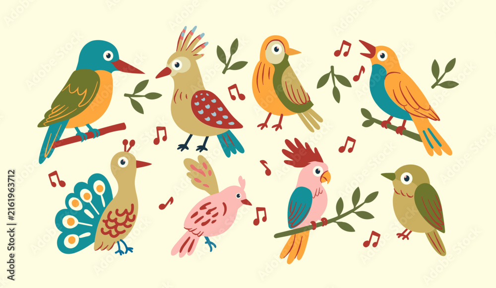 Fototapeta premium Colorful Singing Birds Flat Illustration Collection with Musical Notes Kingfisher Hoopoe Peacock Cockatoo and Songbirds on Branches
