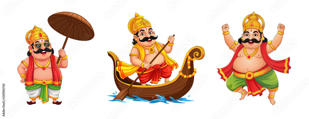 Naklejka premium King Mahabali cartoon character illustration set for Onam festival. Holding Olakkuda, Boat Rowing, and Dancing poses isolated on Transparent Background