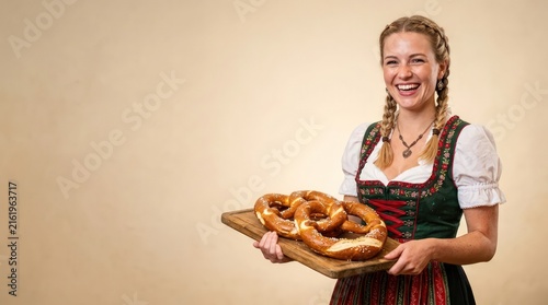 Woman in traditional dirndl holding pretzels on a wooden board