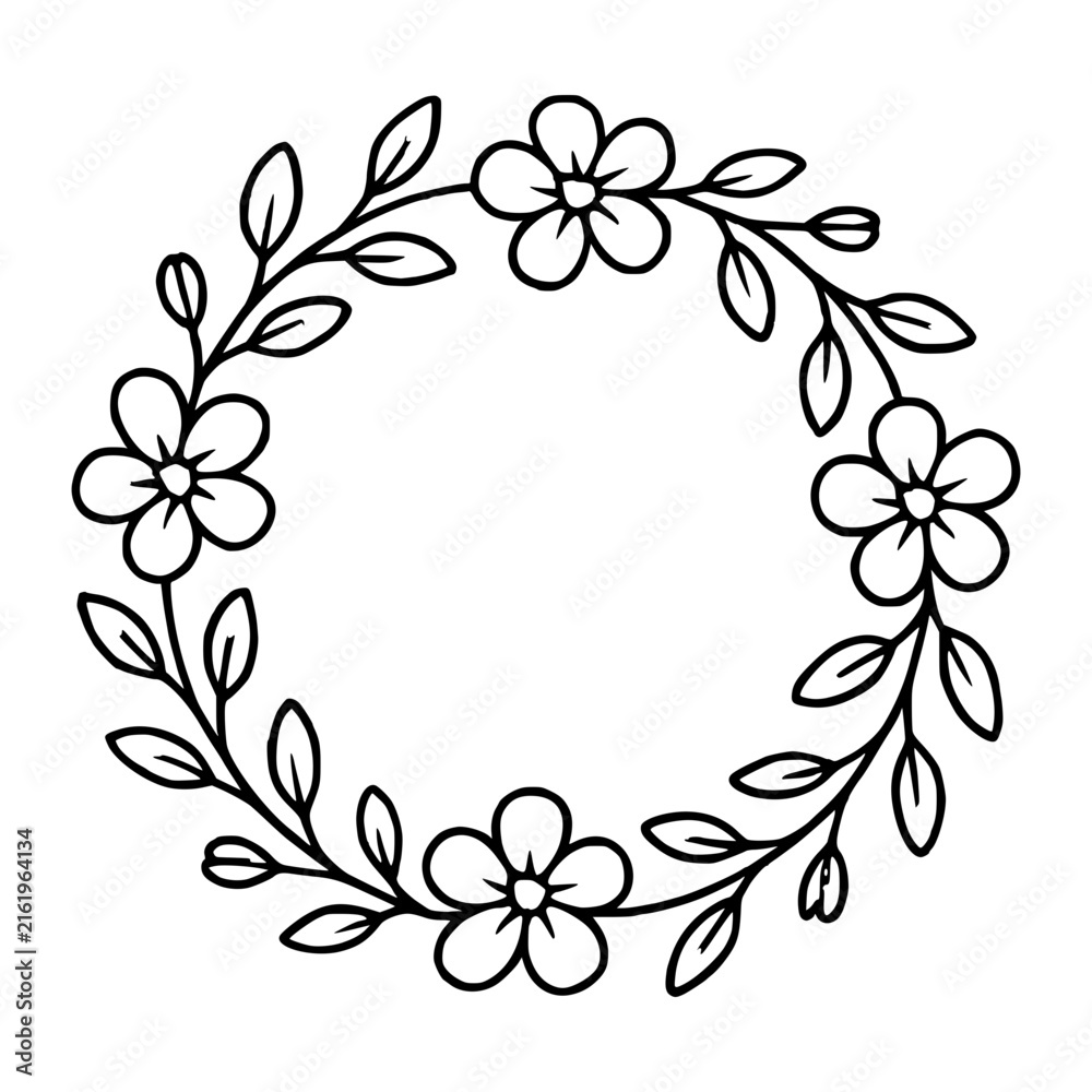 Fototapeta premium Doodle floral wreath cute hand-drawn circular vector frame border