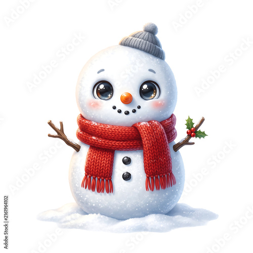 Cute little snowman with big glossy eyes, wearing a cozy red scarf and grey winter hat on a snowy ground