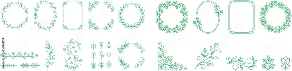 Fototapeta premium Set of hand drawn floral frames and decorative dividers with green leaves and branches for wedding invitations