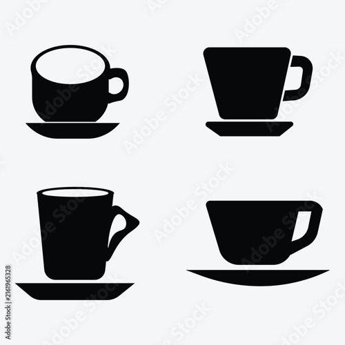 Set of coffee and tea cup vector icons with saucers isolated on white background