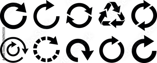 Obraz na płótnie Black circular recycling and refresh arrow icon collection featuring loop repeat loading progress reset and ecology system interface signs.