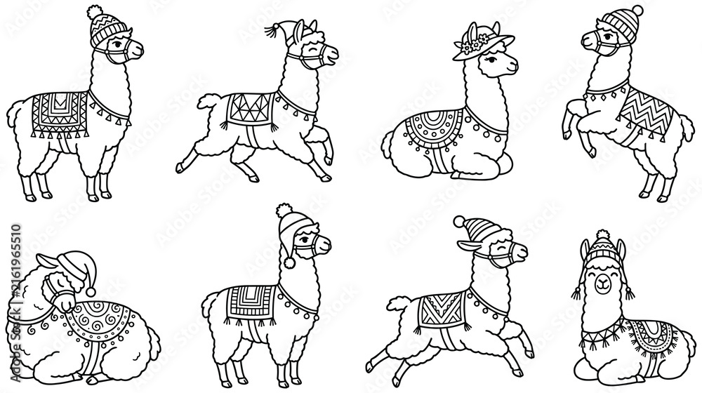 Naklejka premium Llama alpaca set with decorative patterns and winter accessories for kids crafts.