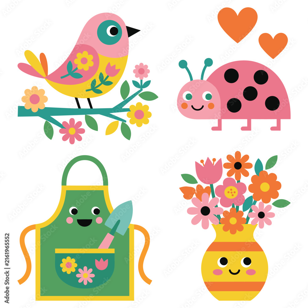 Naklejka premium Cute spring garden elements set with bird, ladybug, apron, and flowers in vase.